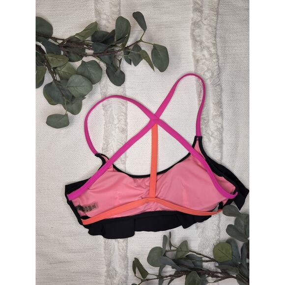 Pink Ruffle Open Back Bathing Suit Top in Black, Pink,Orange - Picture 2 of 7